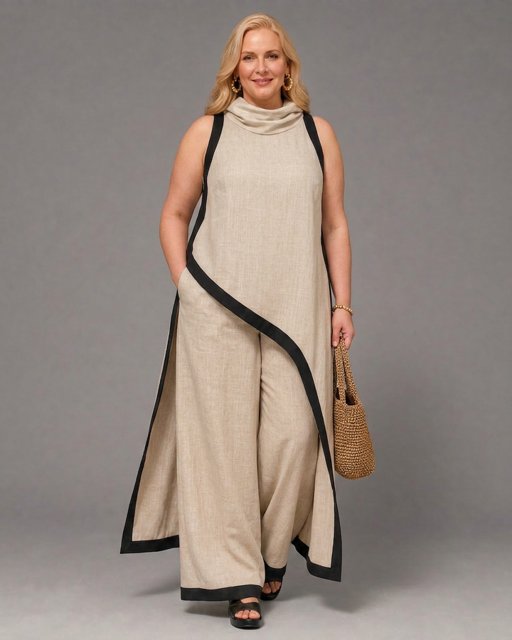 Genevieve | Contrast Trim Sleeveless Layered Top And Wide Leg Pants Set
