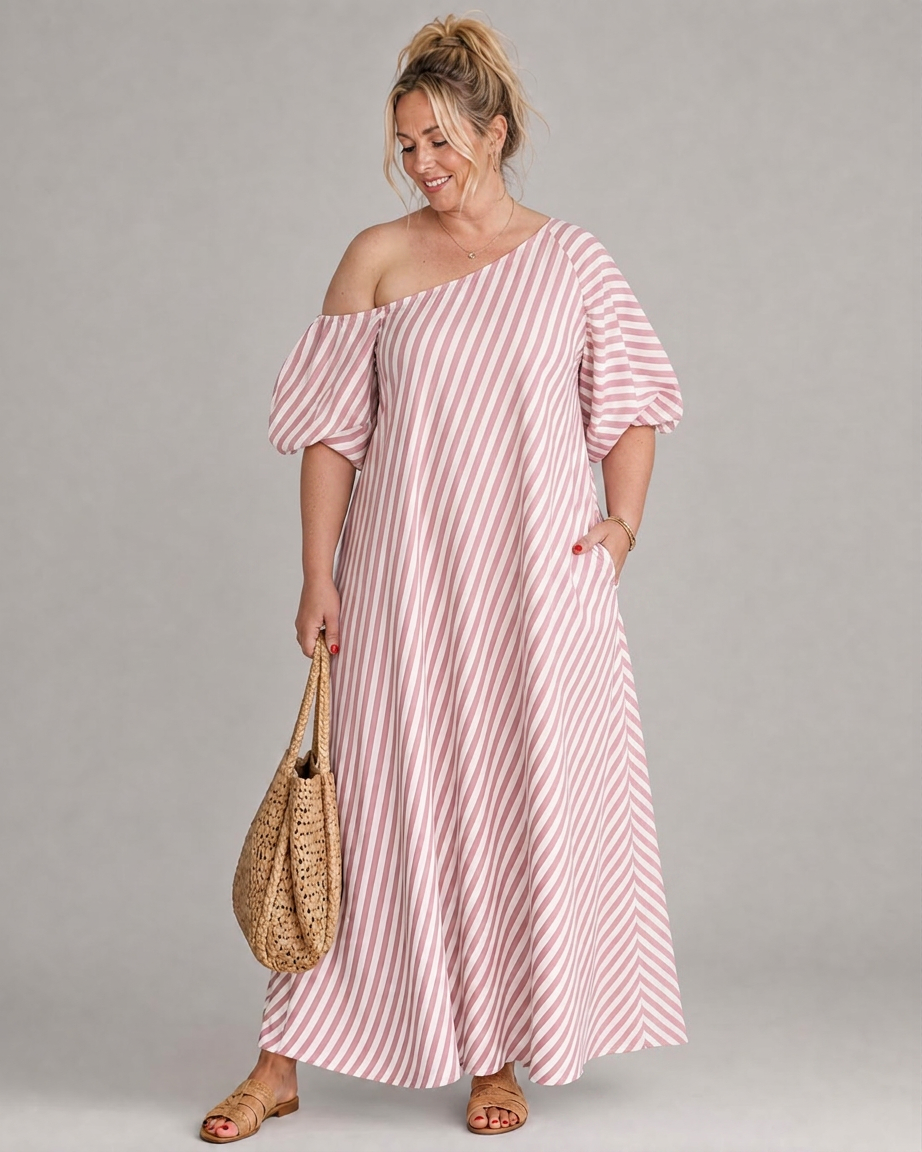 Seraphina | Striped Off Shoulder Puff Sleeve Midi Dress