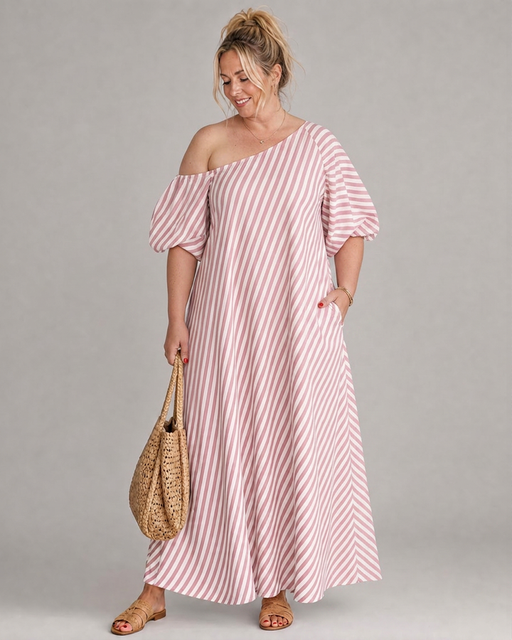 Seraphina | Striped Off Shoulder Puff Sleeve Midi Dress