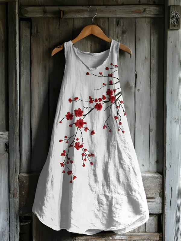 Nova - Vintage Red Blossom Linen Tank Dress