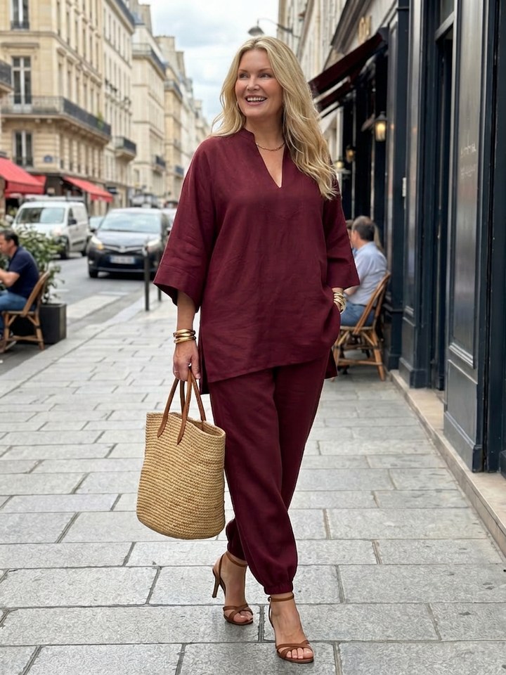 Heledd | V Neck Tunic Gathered Pant Set