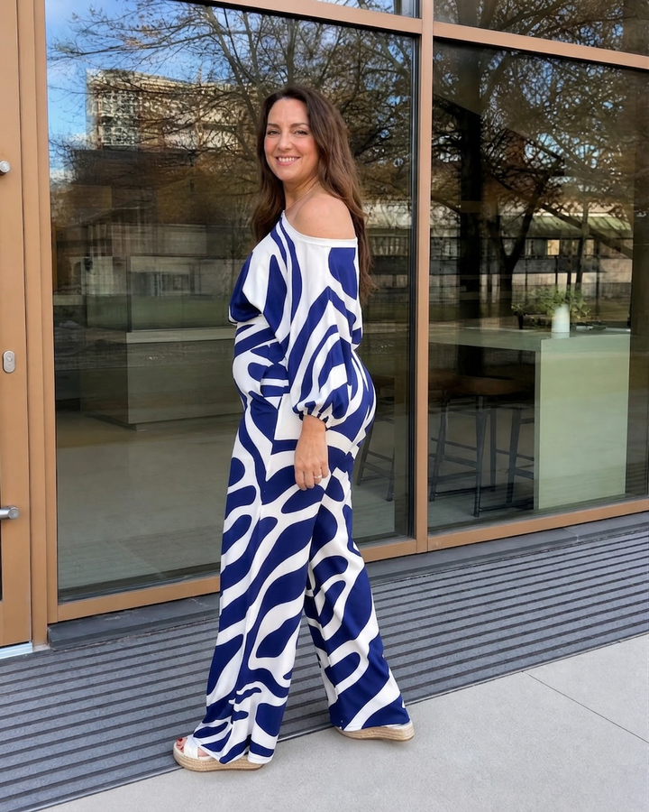 Calliope | Abstract Print Off Shoulder Top And Wide Leg Pants Set