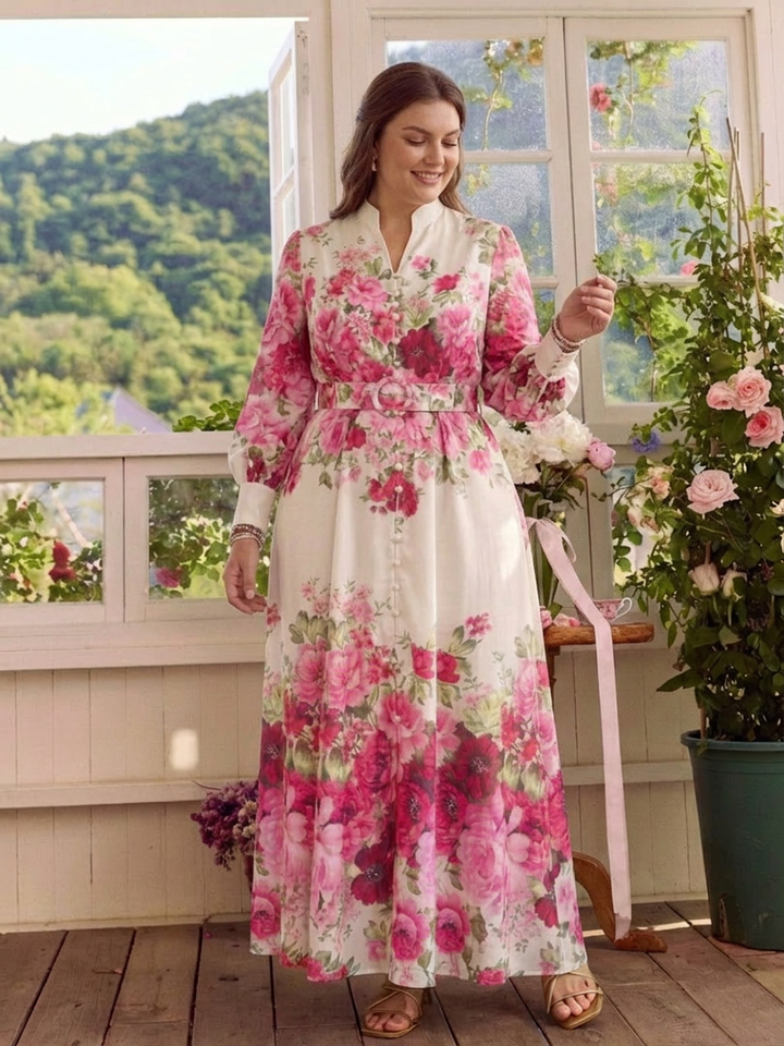 Dahlia | Long Sleeve Floral Belted Maxi Dress