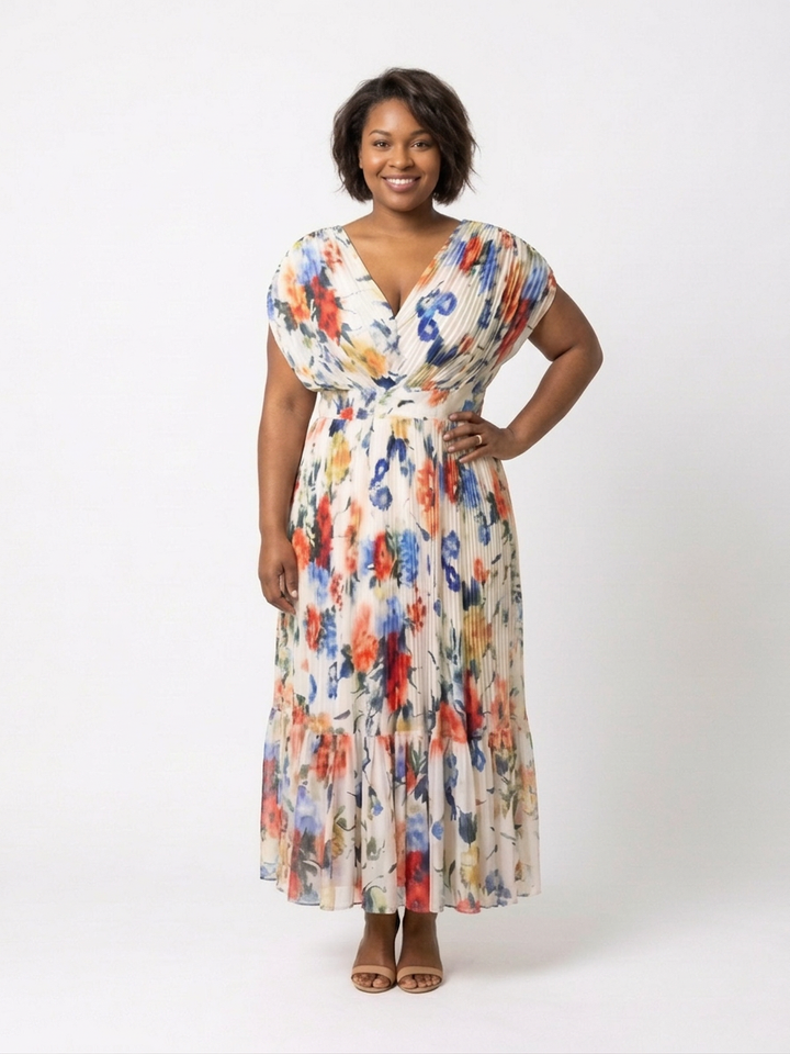 Coraline | Short Sleeve Pleated Floral Midi Dress
