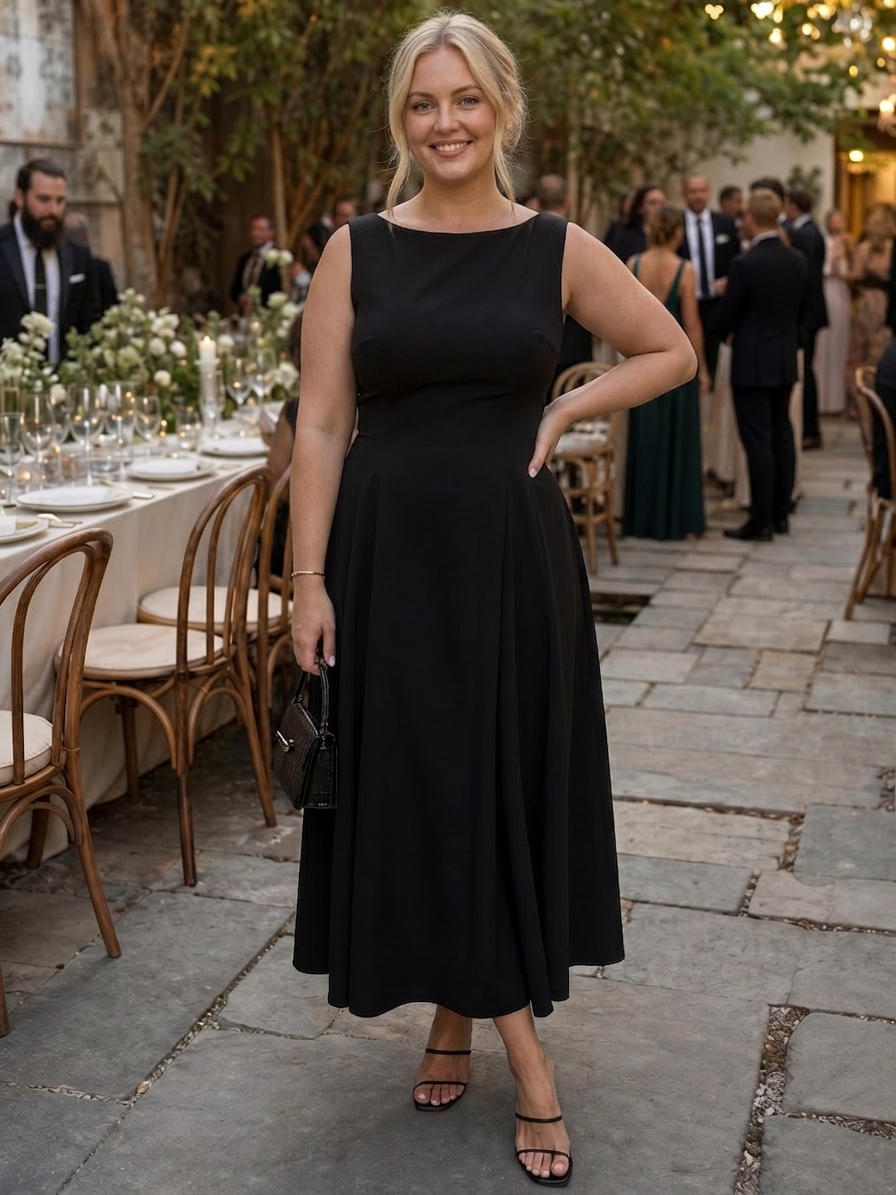 Isadora | Sleeveless Crew Neck Fitted Bodice Midi Dress