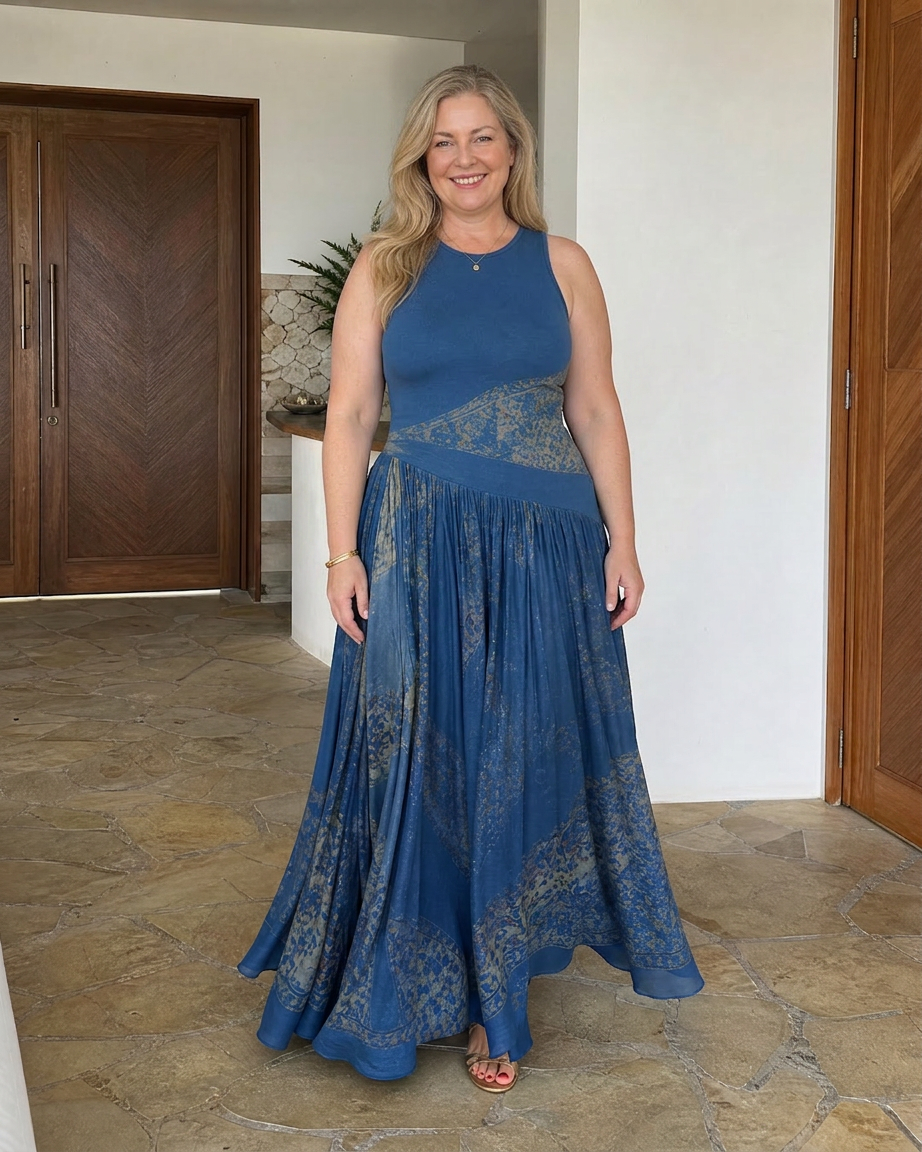 Selma | Sleeveless Printed Bodice And Flowing Maxi Skirt Dress