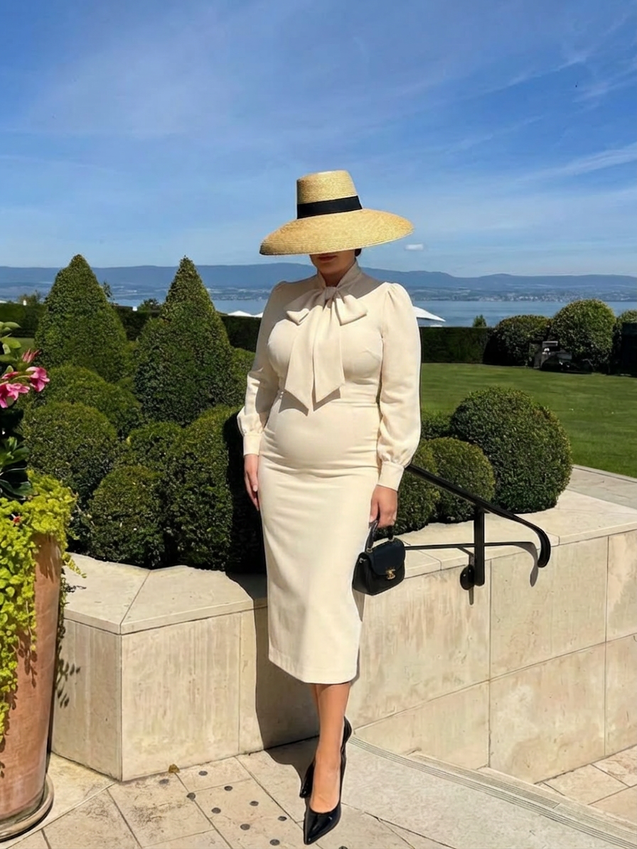 Keiko | Fitted midi dress with long sleeves and bow at the neck