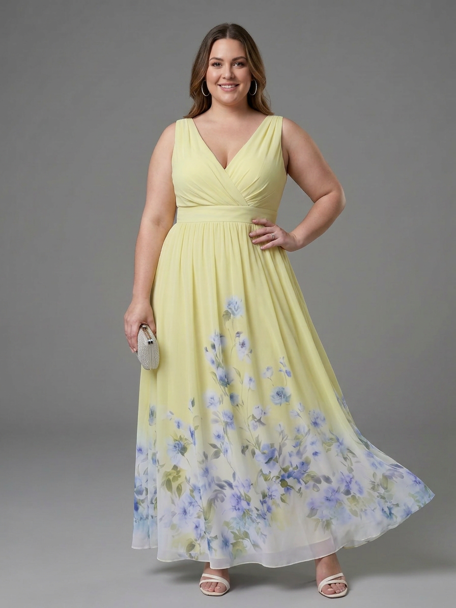 Wanda | Sleeveless V Neck Soft Floral Hem Midi Dress