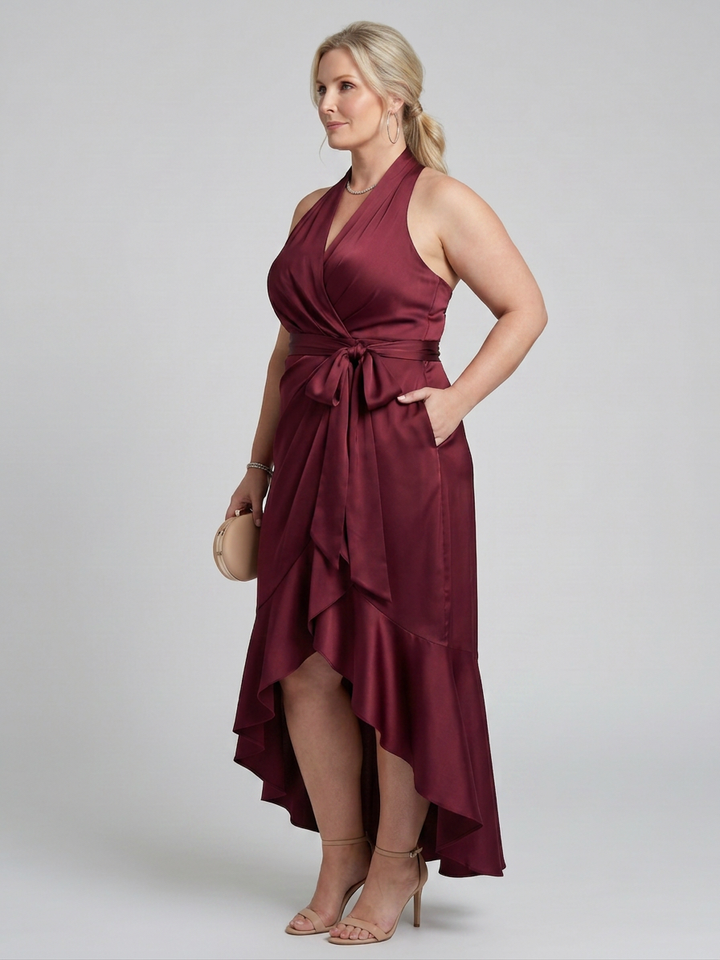 Amina | Halter Neck Wrap Asymmetric Hem Midi Dress