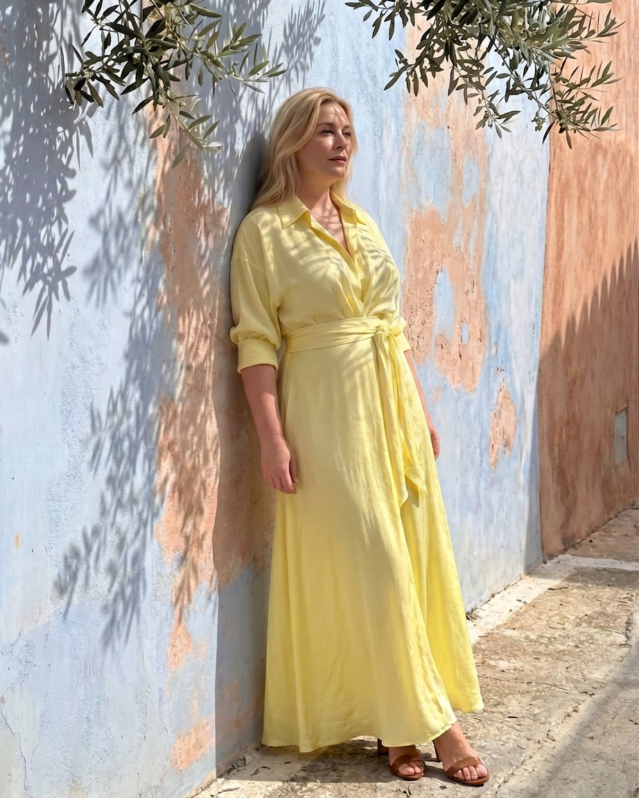 Astrid | Belted Collared Flowing Long Sleeve Midi Dress