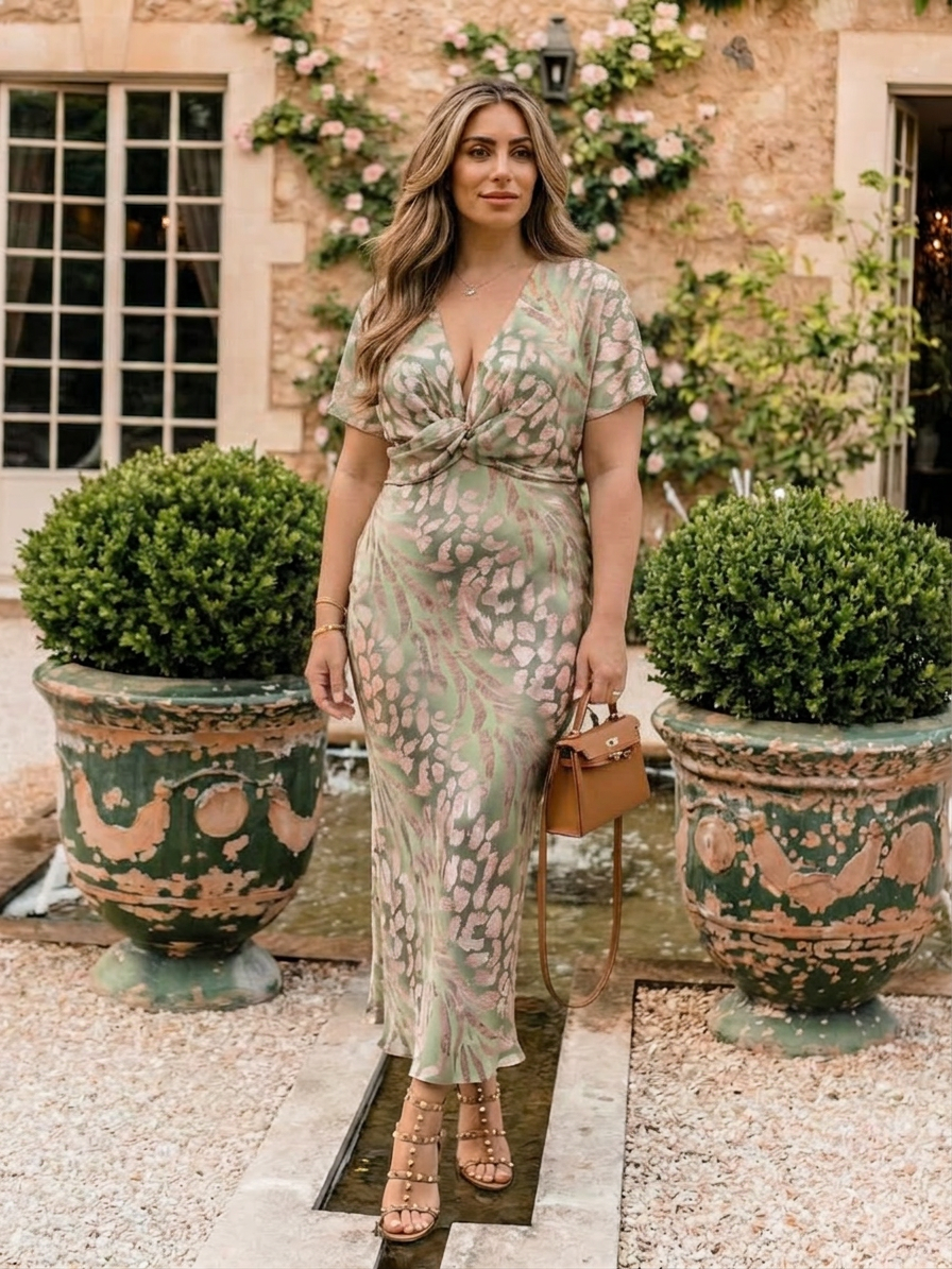 Stella &amp; Grace™ | Abstract Print V Neck Twist Waist Midi Dress
