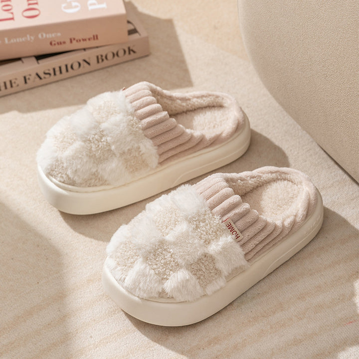Plaid Plush Slippers for Women, Soft Sole and Non-Slip