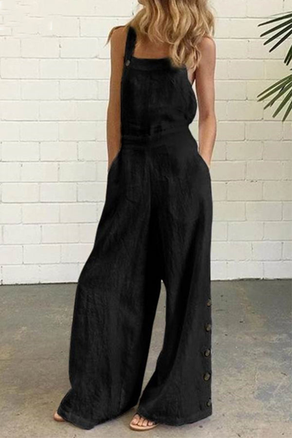 Hazel - Casual Solid Buckle Square Collar Regular Jumpsuits