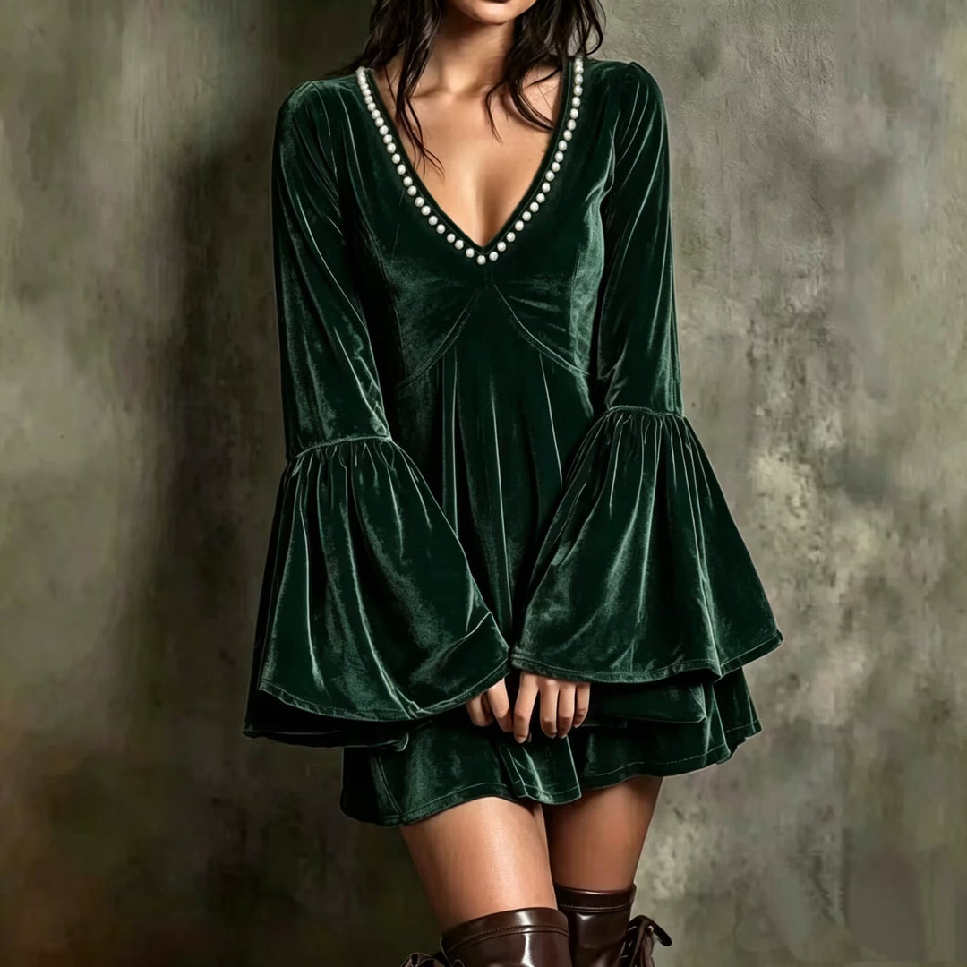 Velvet Dress with Beaded V-Neck and Bell Sleeves
