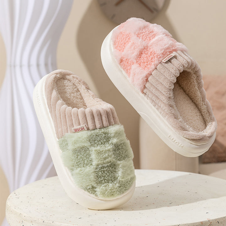 Plaid Plush Slippers for Women, Soft Sole and Non-Slip