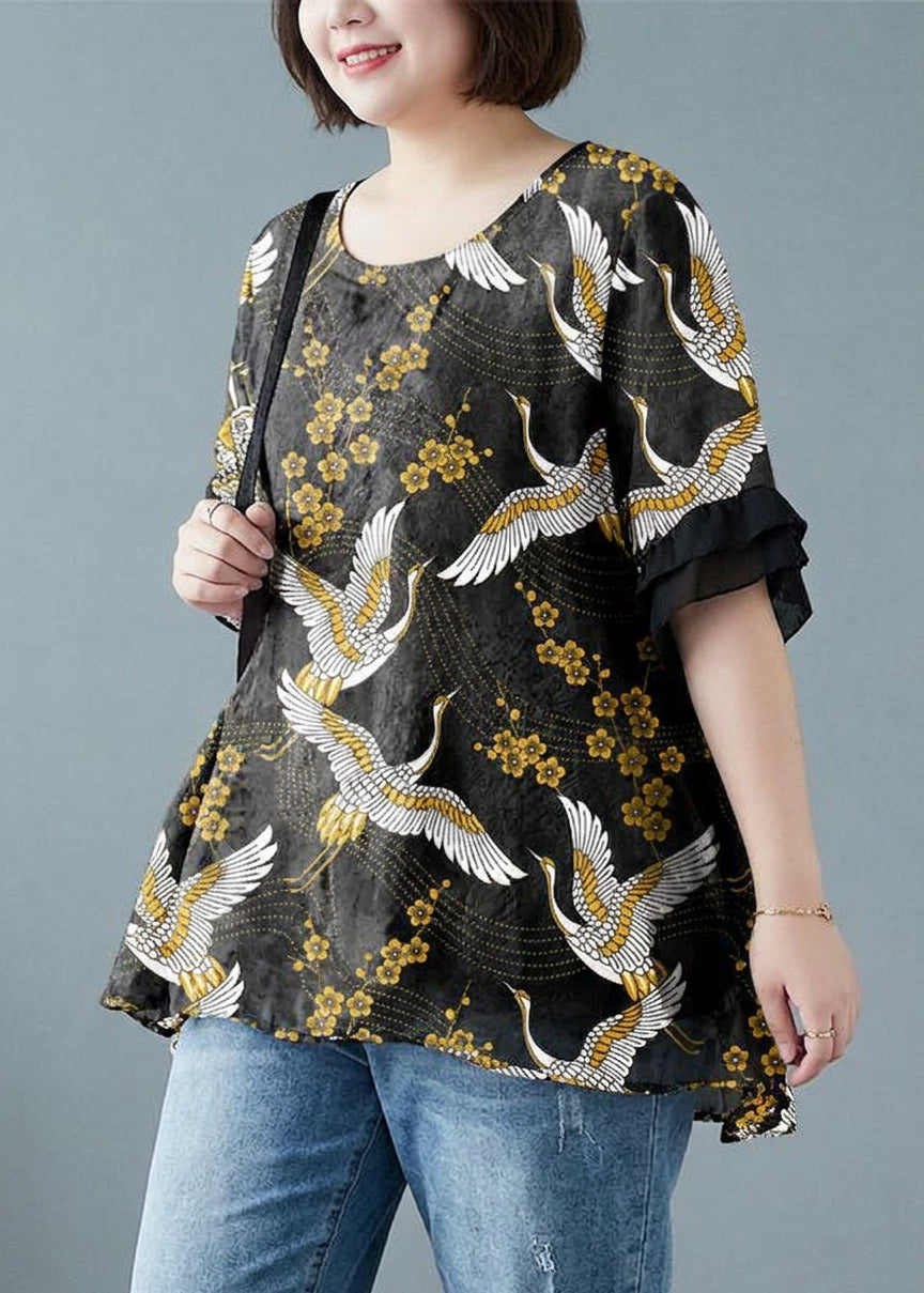 Linnea - Loose Blue Dotted Batwing Sleeve Cotton Linen Tee