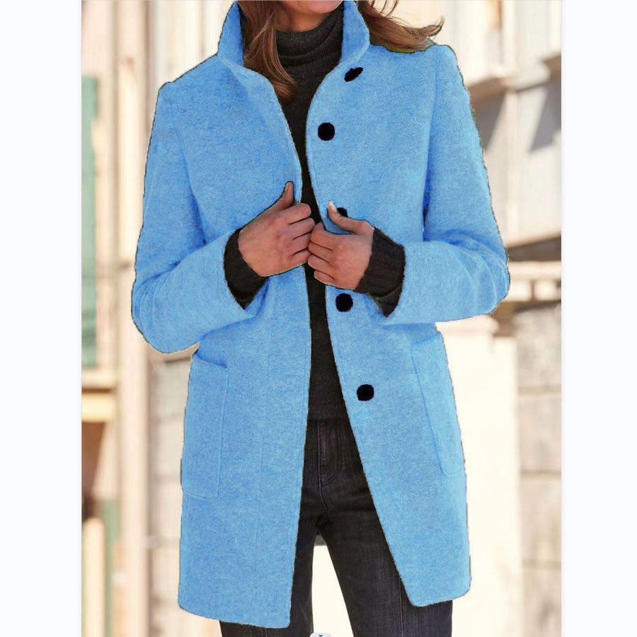 Woman in stand collar button coat