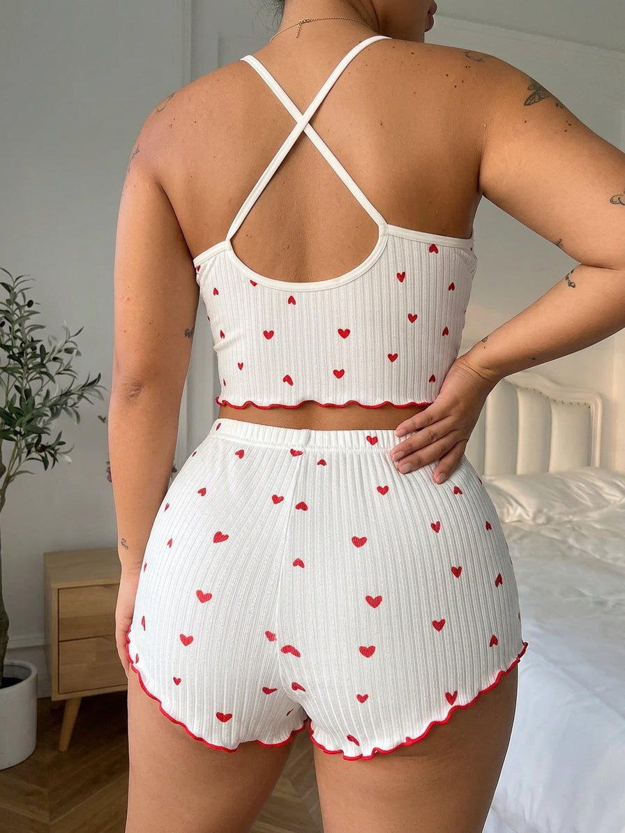 Yara | Heart Print Ruffle Trim Pajama Set