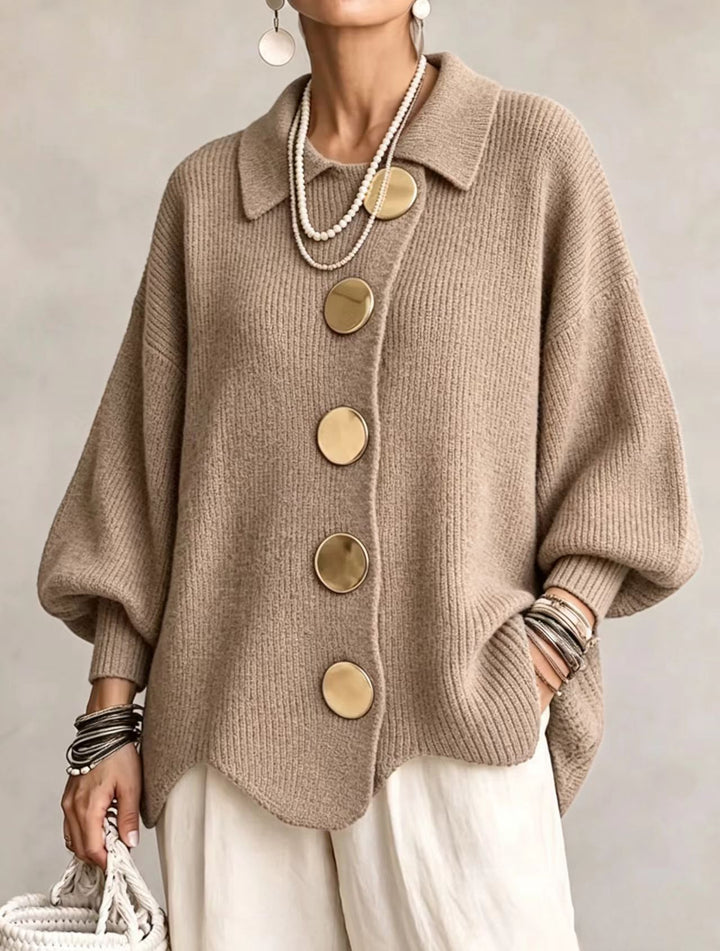 Button-Up Knit Cardigan with Lapel, Loose Fit Long Sleeve