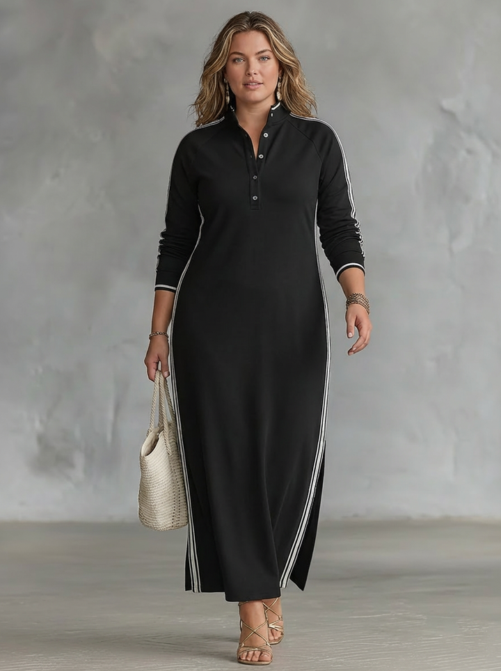 Maxi Sweatshirt Dress for Women with Button-Down Collar and White Trim