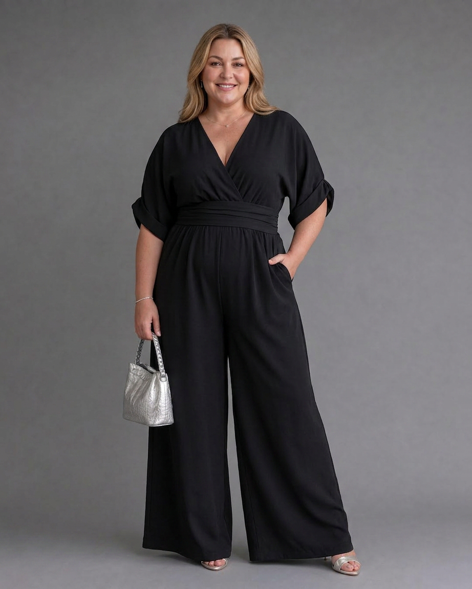 Ottilie | Draped V Neck Wide Leg Relaxed Jumpsuit