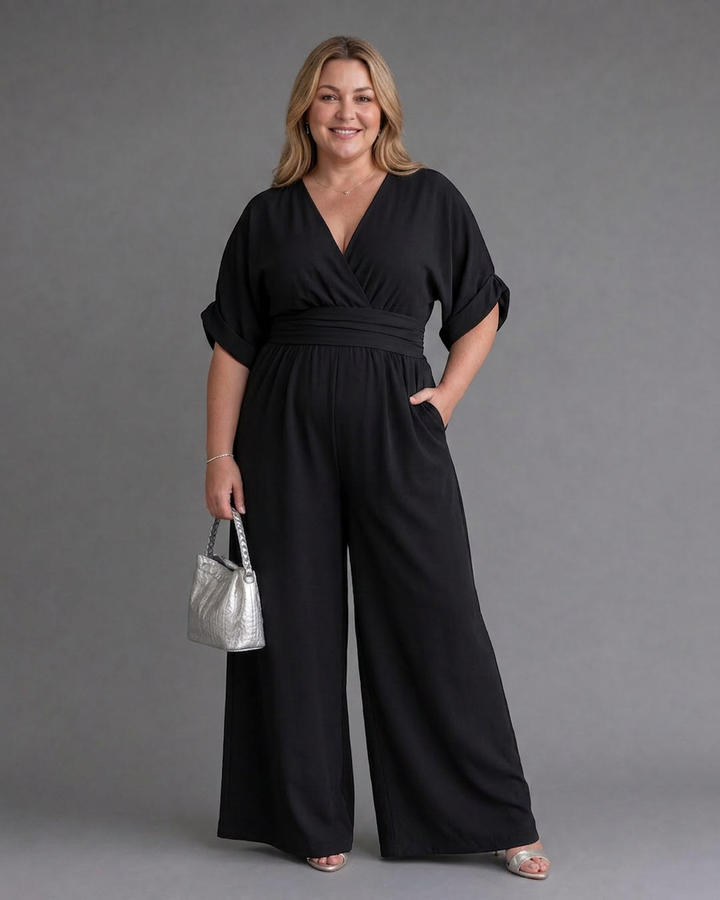 Ottilie | Draped V Neck Wide Leg Relaxed Jumpsuit