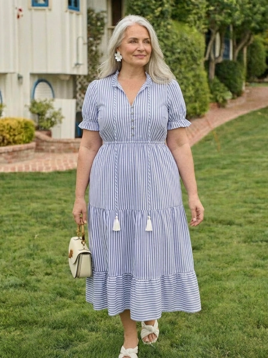 Oleander | Short Sleeve Striped Tiered Midi Dress