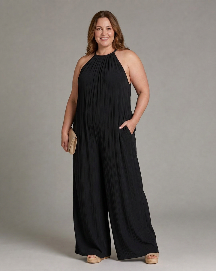 Wanda | Pleated Halter Neck Wide Leg Relaxed Jumpsuit