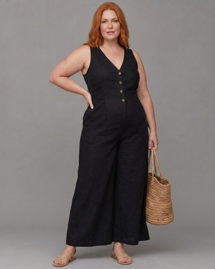Vita | Button Front Sleeveless Wide Leg Relaxed Jumpsuit