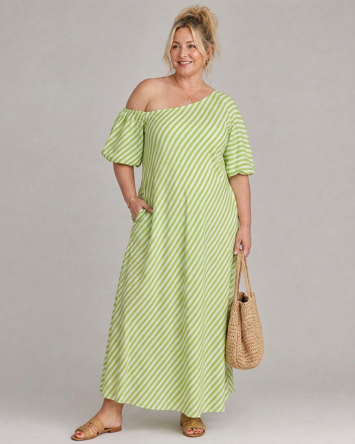 Seraphina | Striped Off Shoulder Puff Sleeve Midi Dress