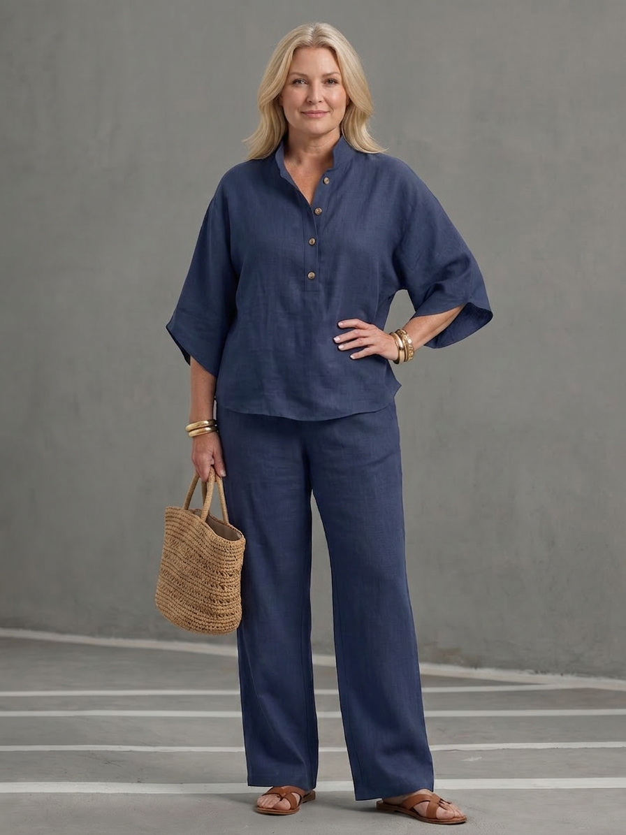 Eleni | Button Front Relaxed Tunic Pant Set