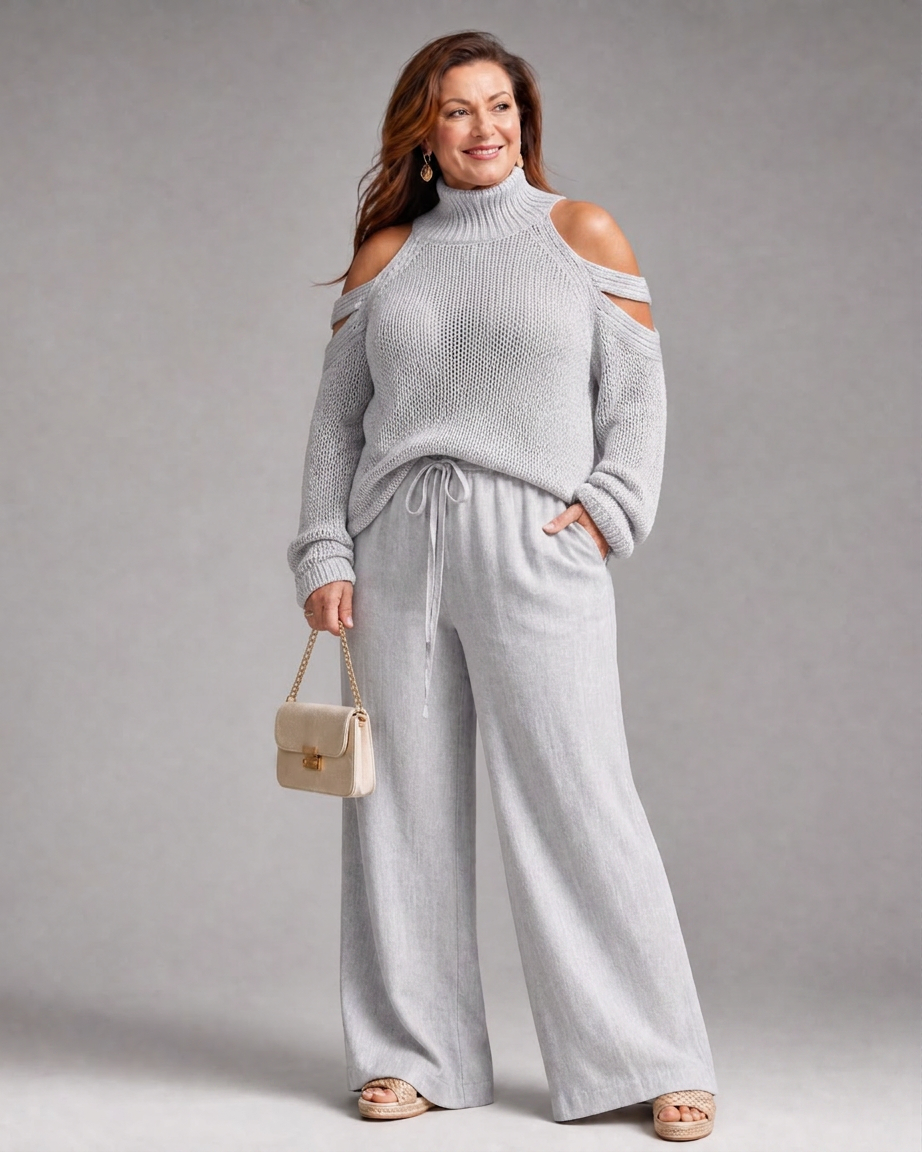 Vesper | Cold Shoulder Knit Sweater Wide Leg Pants Set