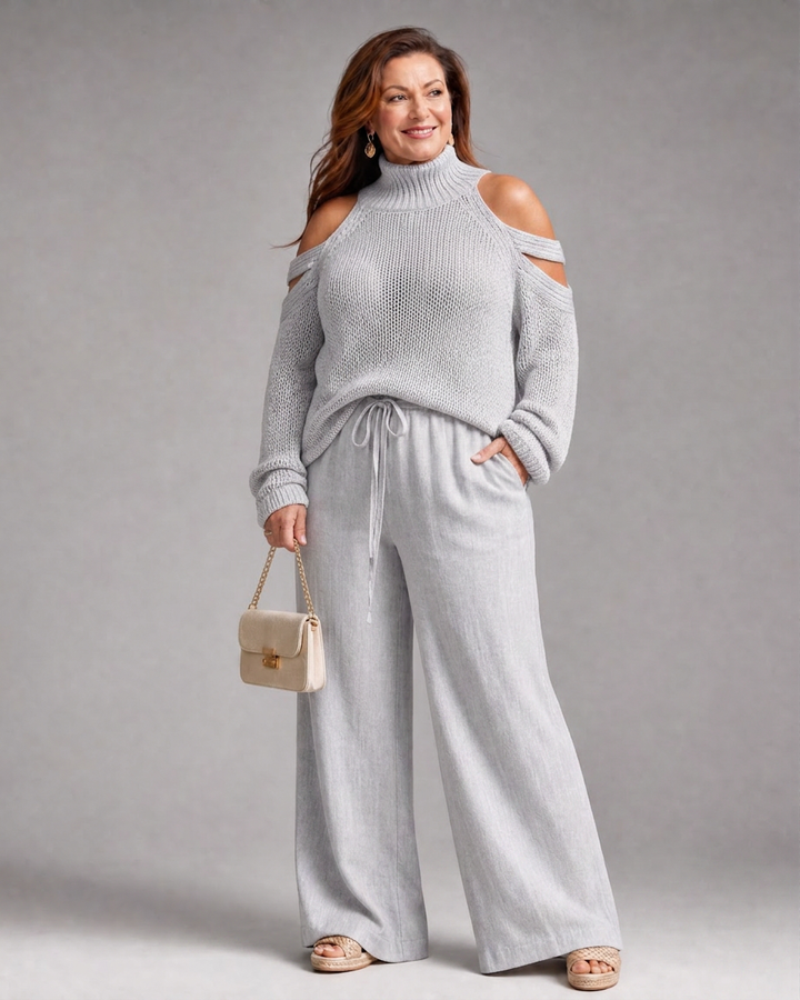 Vesper | Cold Shoulder Knit Sweater Wide Leg Pants Set