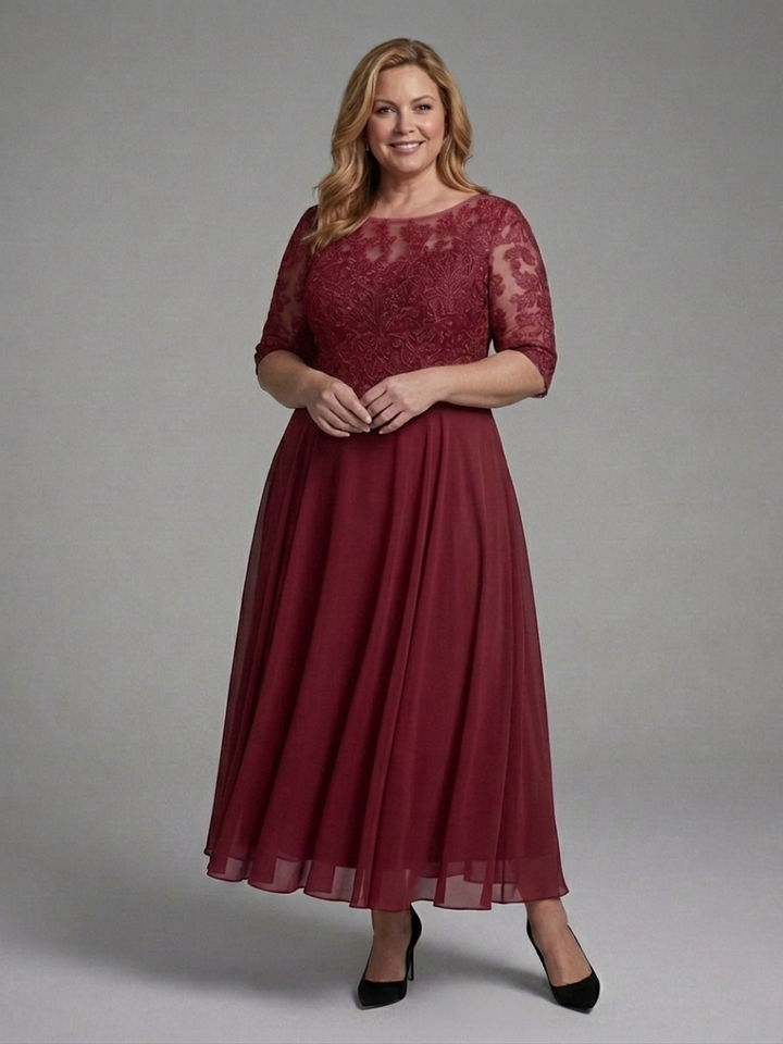 Anwen | Midi Dress with Lace Bodice and Sheer Sleeves