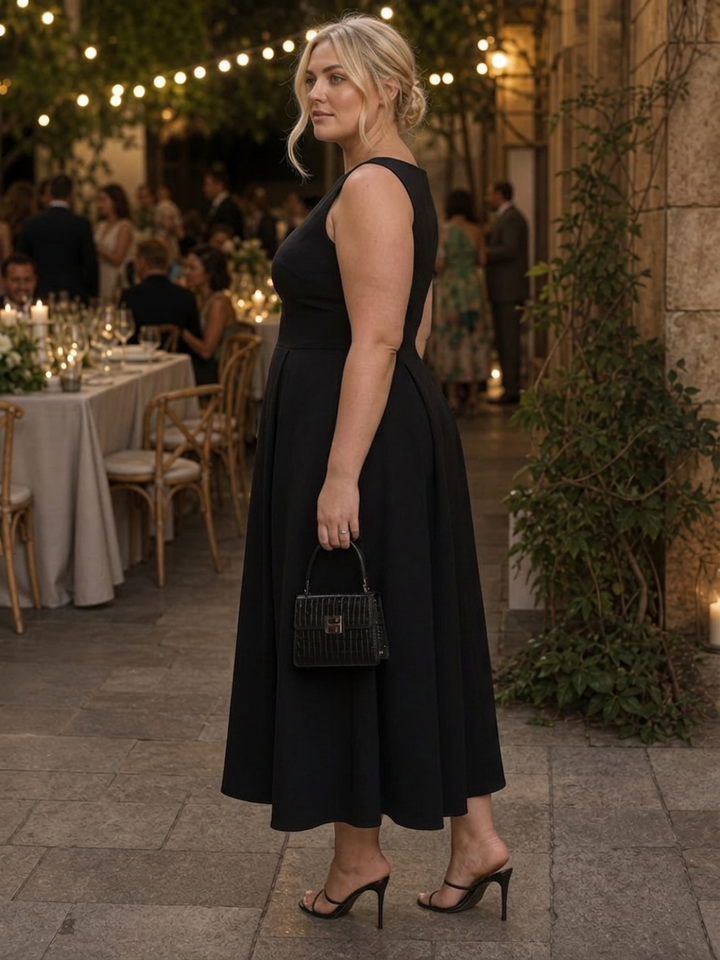 Isadora | Sleeveless Crew Neck Fitted Bodice Midi Dress