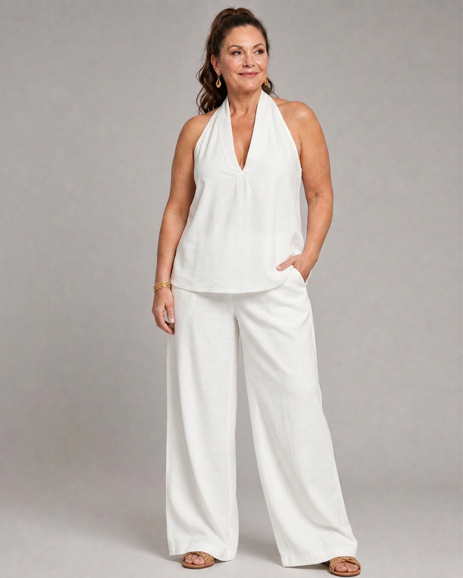 Opaline | Halter Neck Denim Top And Wide Leg Pants Set