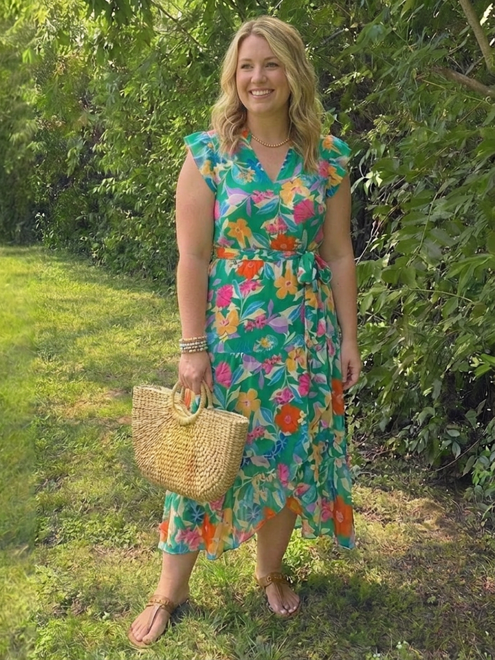 Theodora | Floral V-Neck Tiered Midi Dress