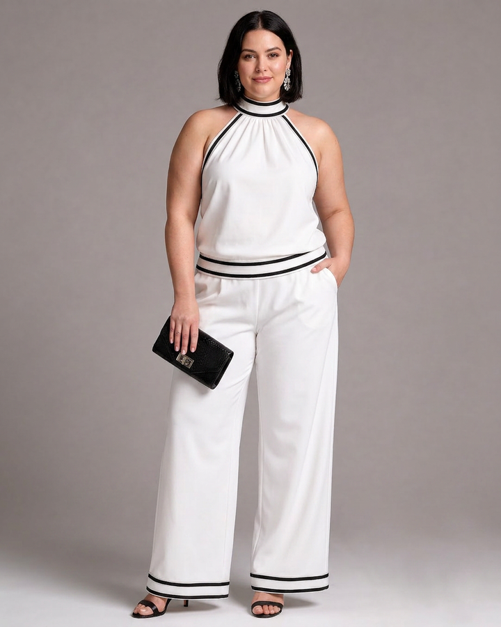 Saffron | Contrast Trim Halter Neck Wide Leg Jumpsuit