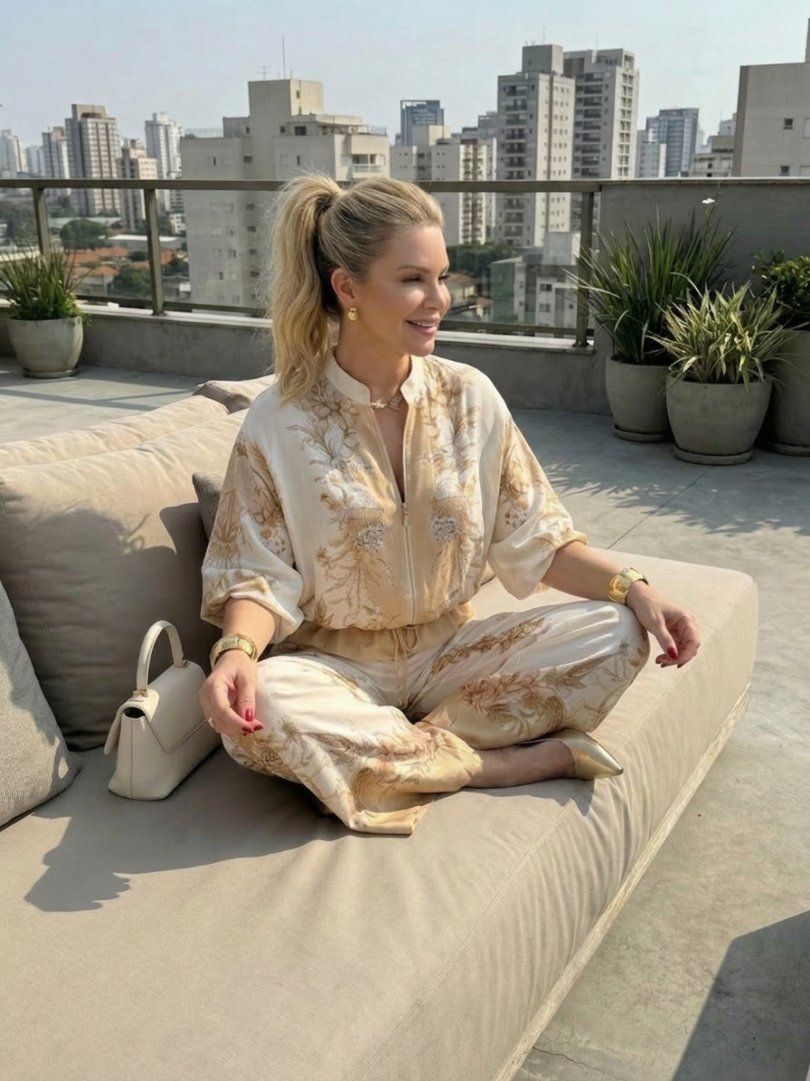 Mika | Zip Front Blouson Top Printed Two Piece Set
