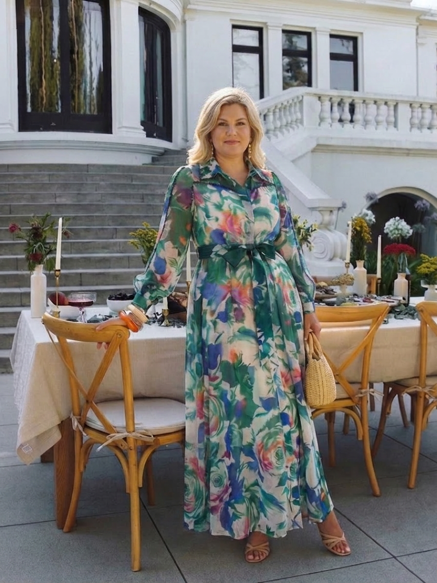 Aveline | Long Sleeve Printed Belted Maxi Dress