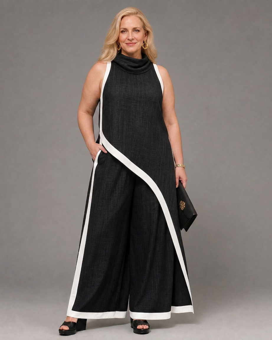 Genevieve | Contrast Trim Sleeveless Layered Top And Wide Leg Pants Set