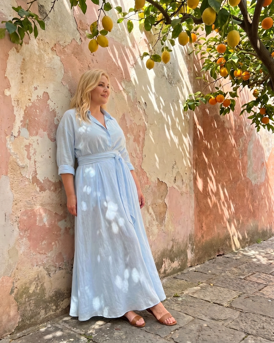 Astrid | Belted Collared Flowing Long Sleeve Midi Dress