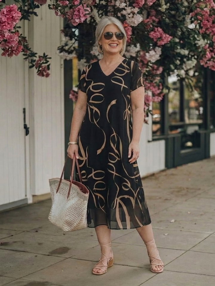 Rin | Abstract Midi Dress with Short Sleeves