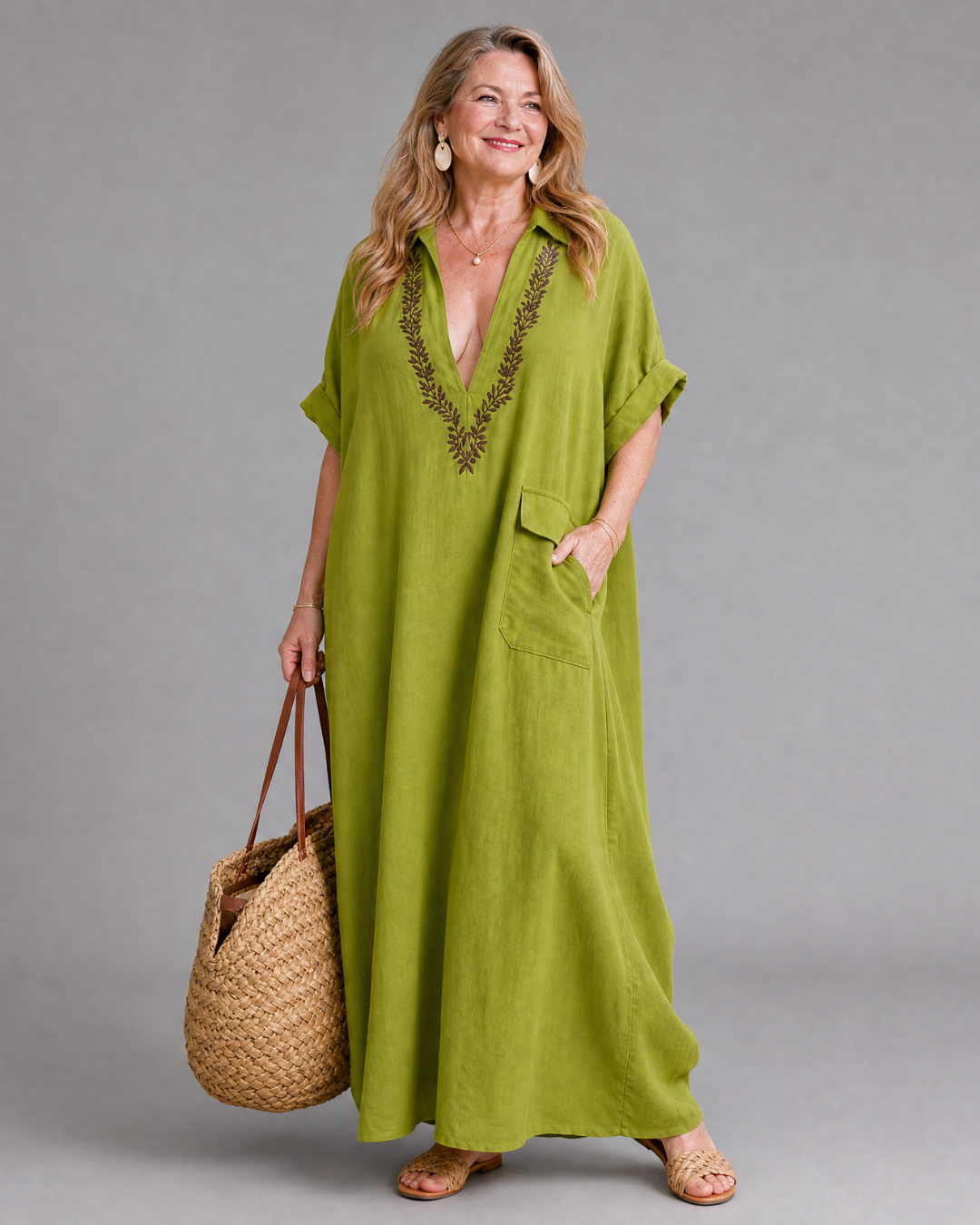 Posy | Embroidered V Neck Pocket Detail Relaxed Maxi Dress