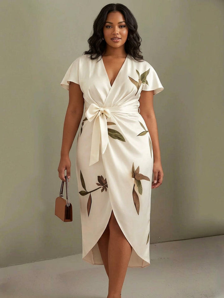 Rosa | White Leaf Short Sleeve Satin Midi Dress