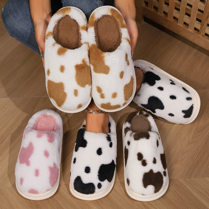 Cow Print Plush Slippers for Couples, Warm and Non-Slip