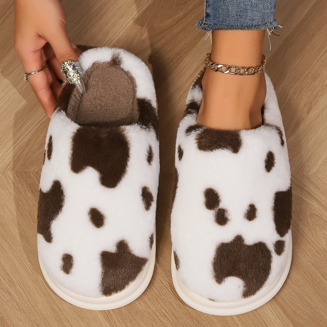 Cow Print Plush Slippers for Couples, Warm and Non-Slip