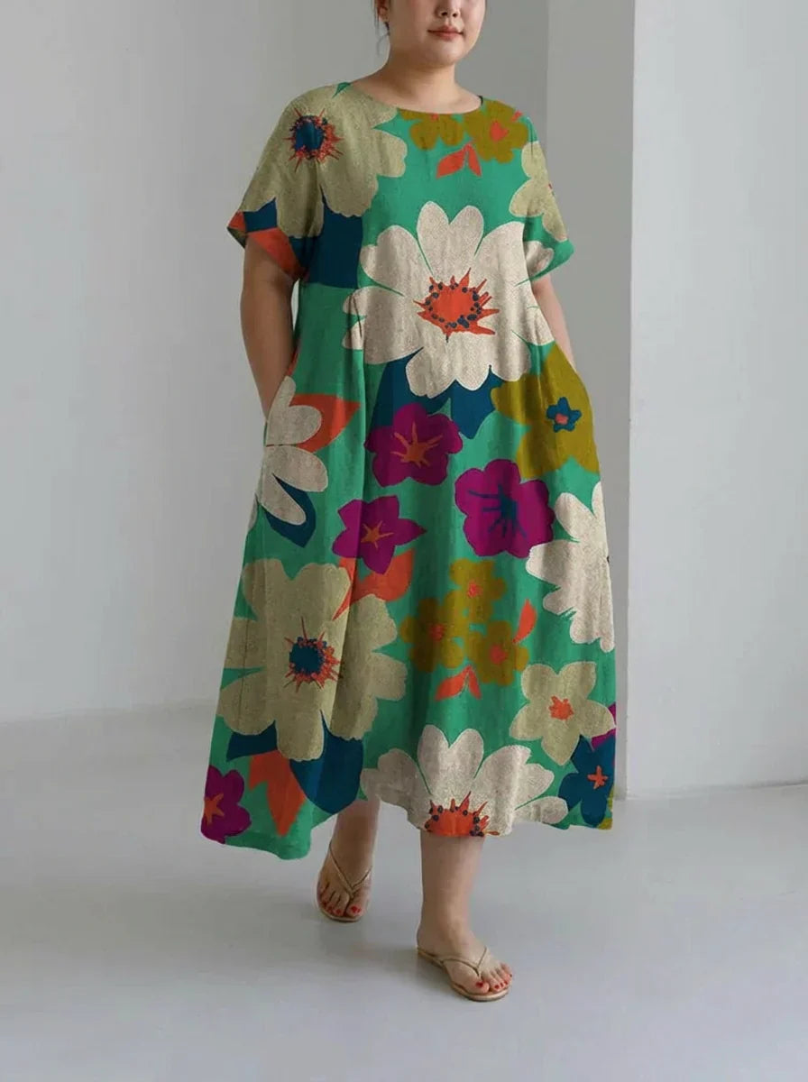 Maybelle | Colorful Floral Loose Round Neck Medium Length Skirt Dress