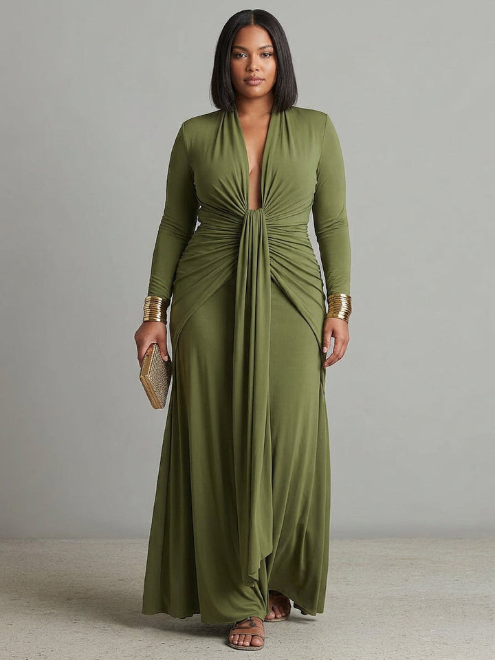 Petra Green Long Dress in Stretch Silk with Deep V-Neck and Ruffled Details, Glamour Maxi Dress