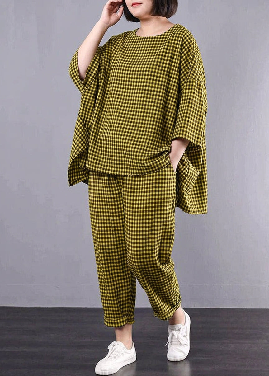 Elke - Casual Plus Size Cotton Linen red Plaid Vintage Blouse And Pants